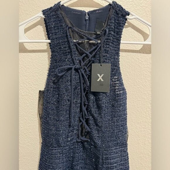 NWT Revolve brand X by NBD Metallic Navy Blue Lace High Neck Dress - Picture 3 of 5